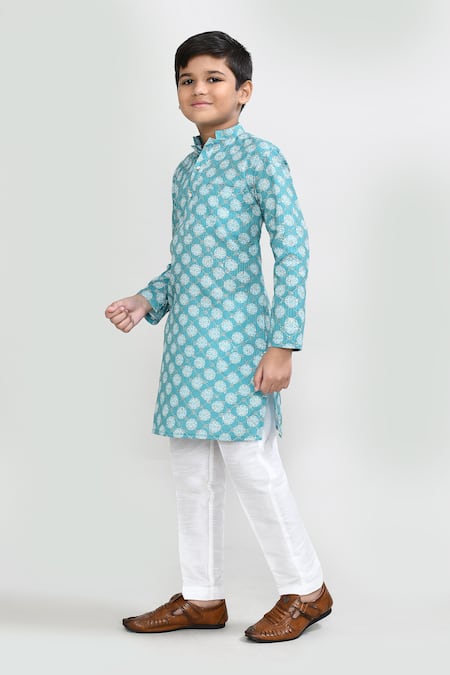 Petite Pomme_Turquoise Cotton, Silk Zari Green Kurta And White Pant Set _at_Aza_Fashions