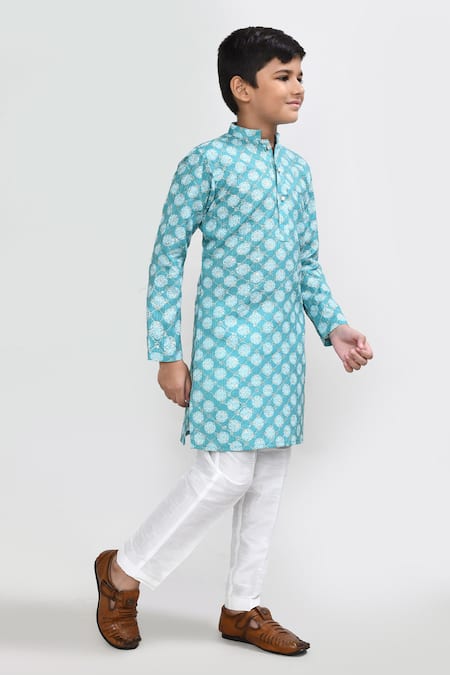 Buy_Petite Pomme_Turquoise Cotton, Silk Zari Green Kurta And White Pant Set 