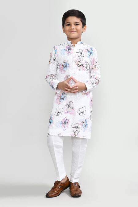 Buy_Petite Pomme_White Cotton, Silk Embroidery Full Kurta And Pant Set _Online_at_Aza_Fashions