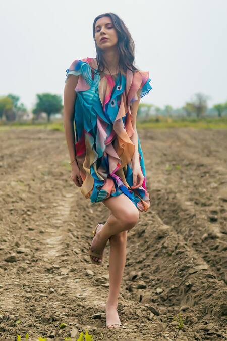 Gazab by Miku Kumar_Multi Color Organza Round Neck Ruffled Designer Dress _Online_at_Aza_Fashions