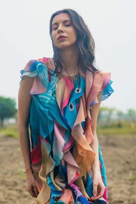 Buy_Gazab by Miku Kumar_Multi Color Organza Round Neck Ruffled Designer Dress _Online_at_Aza_Fashions