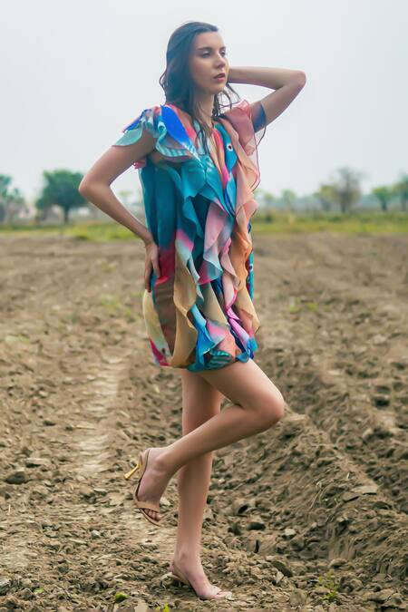 Shop_Gazab by Miku Kumar_Multi Color Organza Round Neck Ruffled Designer Dress _Online_at_Aza_Fashions