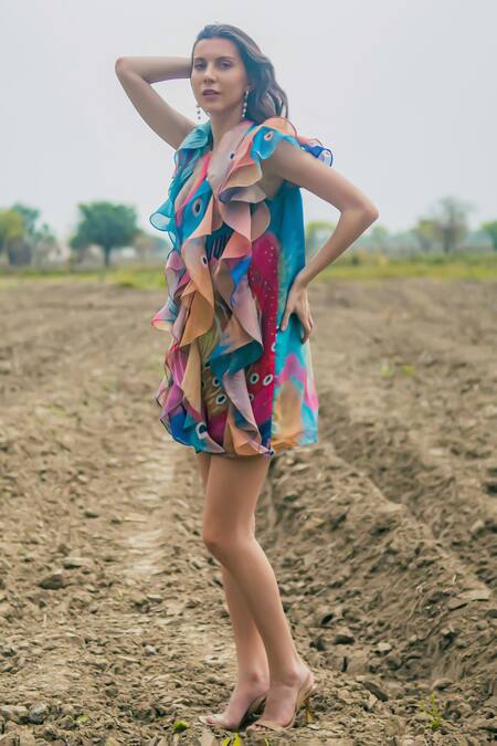 Gazab by Miku Kumar_Multi Color Organza Round Neck Ruffled Designer Dress _at_Aza_Fashions