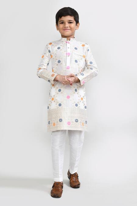 Buy_Petite Pomme_Off White Silk Embroidery Kurta And Pant Set _Online_at_Aza_Fashions