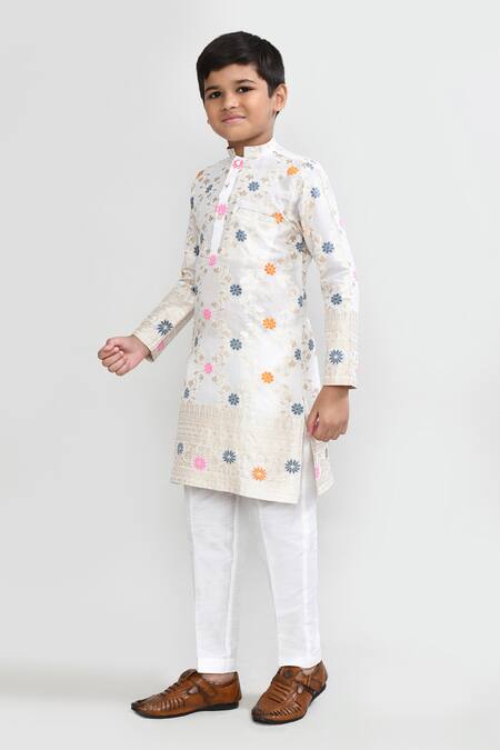 Shop_Petite Pomme_Off White Silk Embroidery Kurta And Pant Set _Online_at_Aza_Fashions
