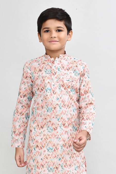 Shop_Petite Pomme_Multi Color Cotton, Silk Embroidery Multicolour Kurta And White Pant Set _Online_at_Aza_Fashions