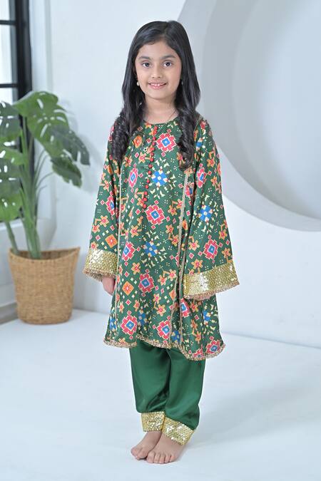 The Plum Bum_Green Modal Sequins Patola Pattern Kurta And Salwar Set _at_Aza_Fashions