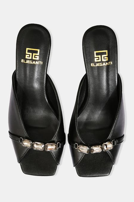 Elleganti Black Metallic Leather Mule Heels 