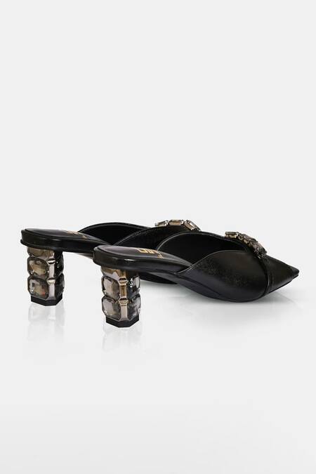 Elleganti_Black Crystals Metallic Leather Mule Heels _Online_at_Aza_Fashions
