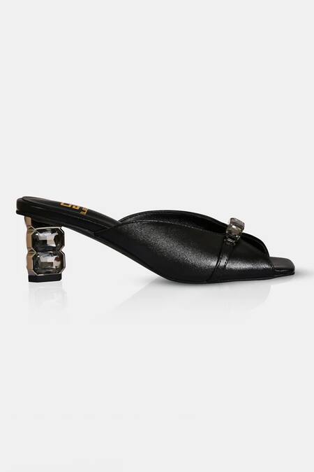 Buy_Elleganti_Black Crystals Metallic Leather Mule Heels _Online_at_Aza_Fashions