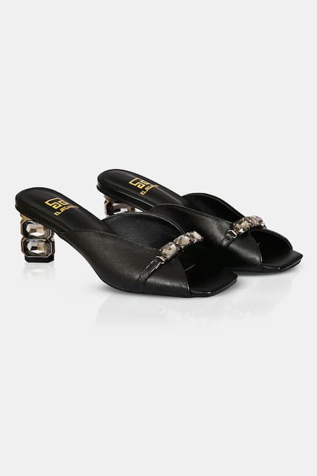 Elleganti Black Crystals Metallic Leather Mule Heels 