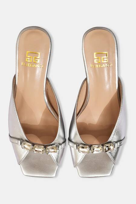 Elleganti_Silver Crystals Metallic Heel Mules _Online_at_Aza_Fashions