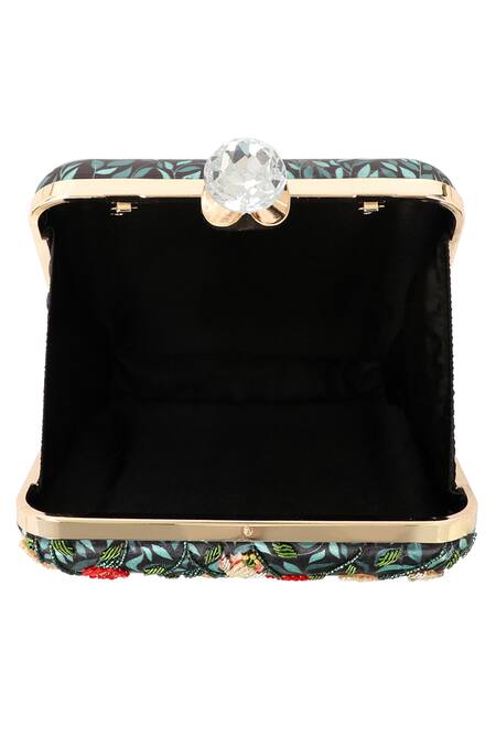NR By Nidhi Rathi_Black Embroidery, Beads, Stones, Glitter Floral Printed Box Clutch _Online_at_Aza_Fashions