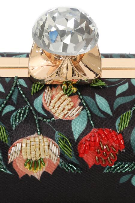 Buy_NR By Nidhi Rathi_Black Embroidery, Beads, Stones, Glitter Floral Printed Box Clutch _Online_at_Aza_Fashions