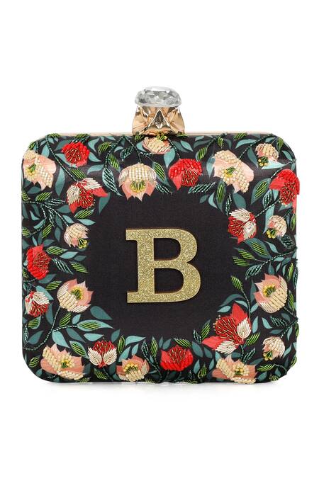 Shop_NR By Nidhi Rathi_Black Embroidery, Beads, Stones, Glitter Floral Printed Box Clutch _Online_at_Aza_Fashions