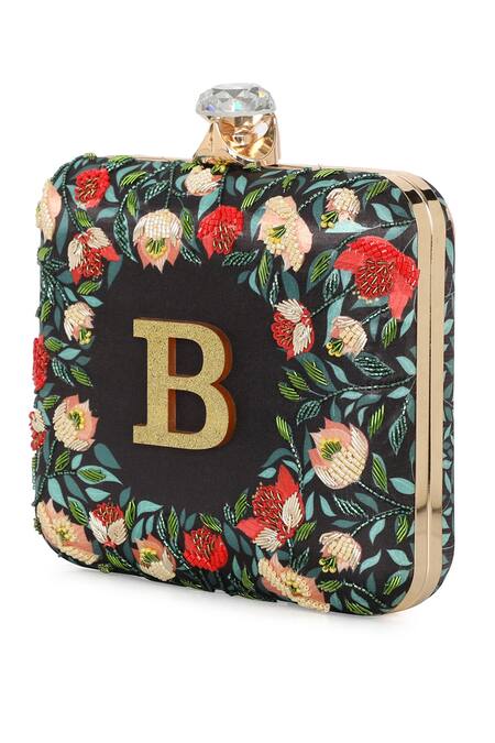NR By Nidhi Rathi_Black Embroidery, Beads, Stones, Glitter Floral Printed Box Clutch _at_Aza_Fashions
