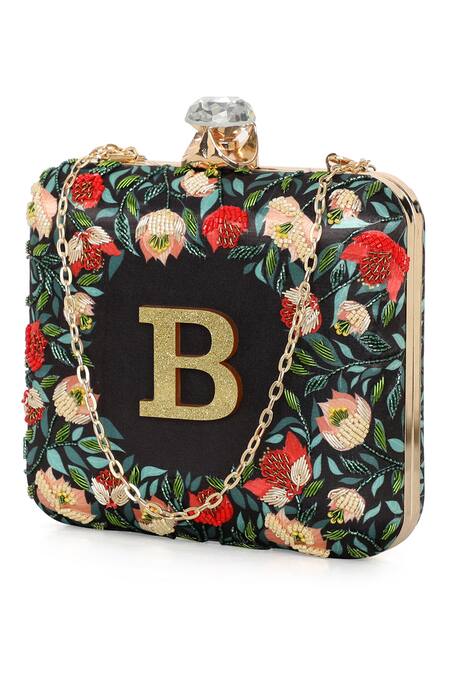 Buy_NR By Nidhi Rathi_Black Embroidery, Beads, Stones, Glitter Floral Printed Box Clutch 