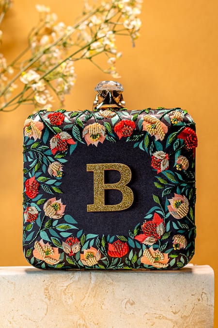 NR By Nidhi Rathi Black Embroidery, Beads, Stones, Glitter Floral Printed Box Clutch