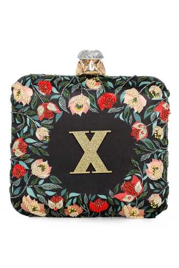 NR By Nidhi Rathi_Black Embroidery Floral Printed Box Clutch _at_Aza_Fashions