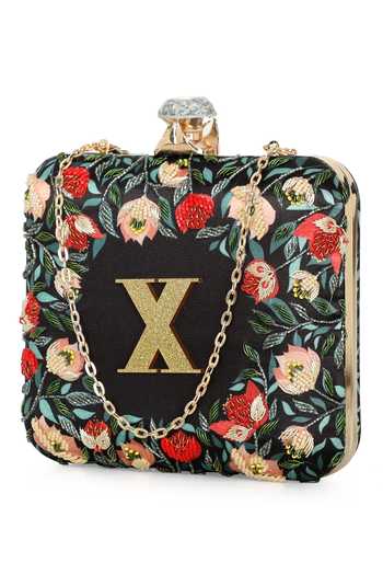 Buy_NR By Nidhi Rathi_Black Embroidery Floral Printed Box Clutch 