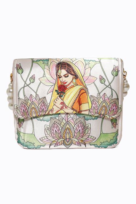 NR By Nidhi Rathi Pink Pearls Desi Girl Printed Foldover Clutch Online at Aza Fashions NR By Nidhi Rathi_Pink Pearls Desi Girl Printed Foldover Clutch _Online_at_Aza_Fashions