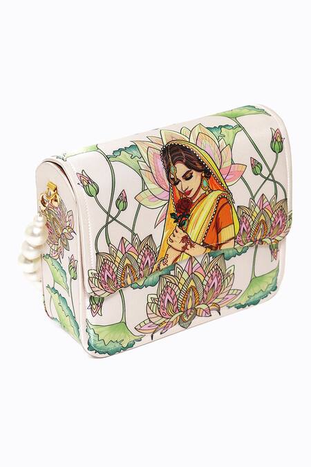 Shop NR By Nidhi Rathi Pink Pearls Desi Girl Printed Foldover Clutch Online at Aza Fashions Shop_NR By Nidhi Rathi_Pink Pearls Desi Girl Printed Foldover Clutch _Online_at_Aza_Fashions