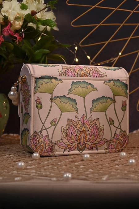 Shop NR By Nidhi Rathi Pink Pearls Desi Girl Printed Foldover Clutch at Aza Fashions Shop_NR By Nidhi Rathi_Pink Pearls Desi Girl Printed Foldover Clutch _at_Aza_Fashions