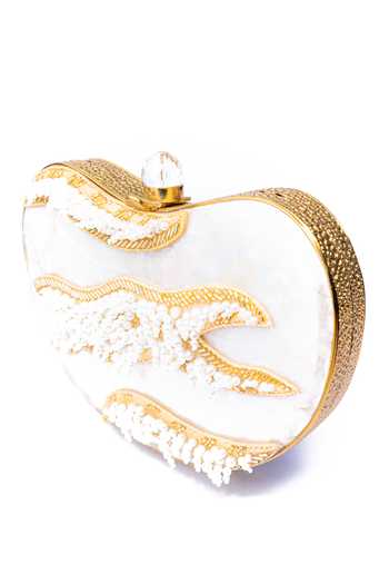 NR By Nidhi Rathi White Embroidery, Beads Hand-embroidered And Gold Clutch Online at Aza Fashions NR By Nidhi Rathi_White Embroidery, Beads Hand-embroidered And Gold Clutch _Online_at_Aza_Fashions