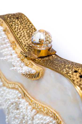 NR By Nidhi Rathi White Embroidery, Beads Hand-embroidered And Gold Clutch at Aza Fashions NR By Nidhi Rathi_White Embroidery, Beads Hand-embroidered And Gold Clutch _at_Aza_Fashions