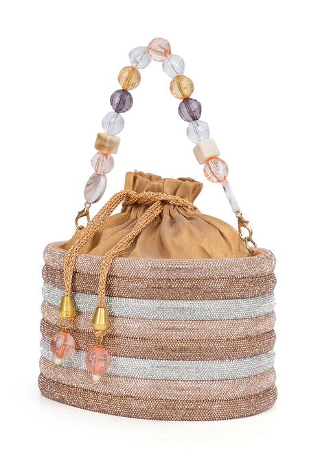 Shop_NR By Nidhi Rathi_Gold Beads, Metallic Thread Rose Embellished Clutch _Online_at_Aza_Fashions