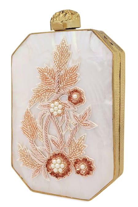 Buy_NR By Nidhi Rathi_White Embroidery, Pearls And Gold Beaded Clutch _Online_at_Aza_Fashions