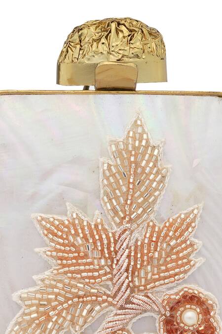 Shop_NR By Nidhi Rathi_White Embroidery, Pearls And Gold Beaded Clutch _Online_at_Aza_Fashions