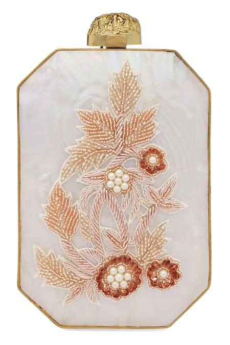 Buy_NR By Nidhi Rathi_White Embroidery, Pearls And Gold Beaded Clutch 