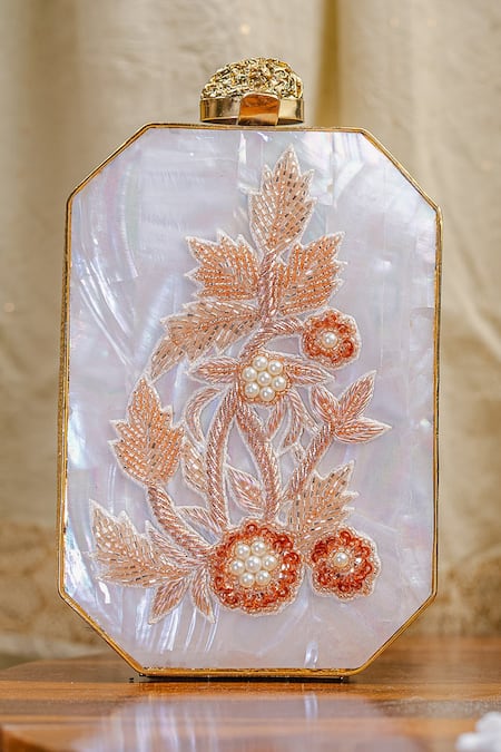 NR By Nidhi Rathi White & Gold Embroidered Pearl Beaded Clutch 