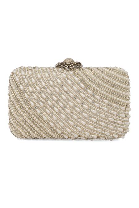 Buy_NR By Nidhi Rathi_Gold Embroidery, Pearls, Crystals Silver And Box Clutch _Online_at_Aza_Fashions