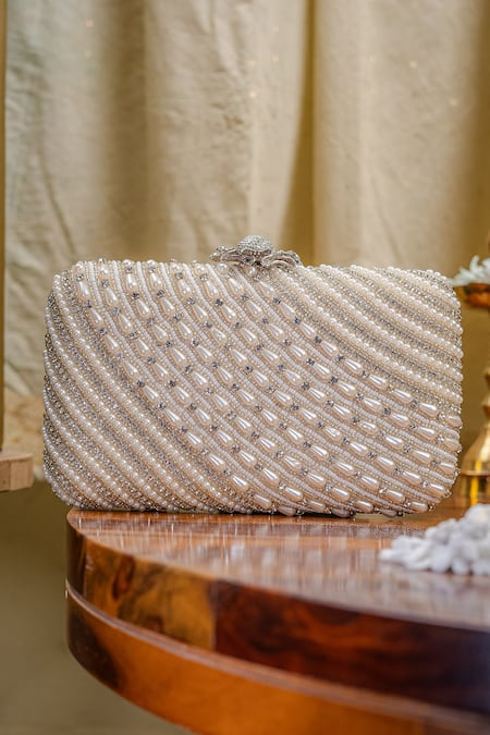 NR By Nidhi Rathi Silver & Gold Embroidered Box Clutch 
