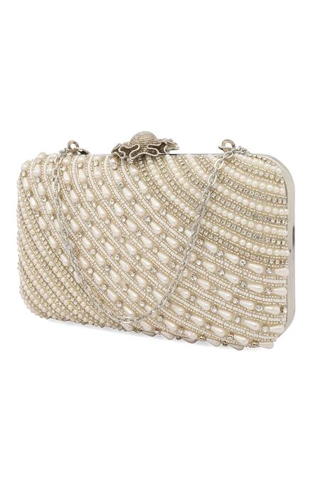 NR By Nidhi Rathi_Gold Embroidery, Pearls, Crystals Silver And Box Clutch _at_Aza_Fashions