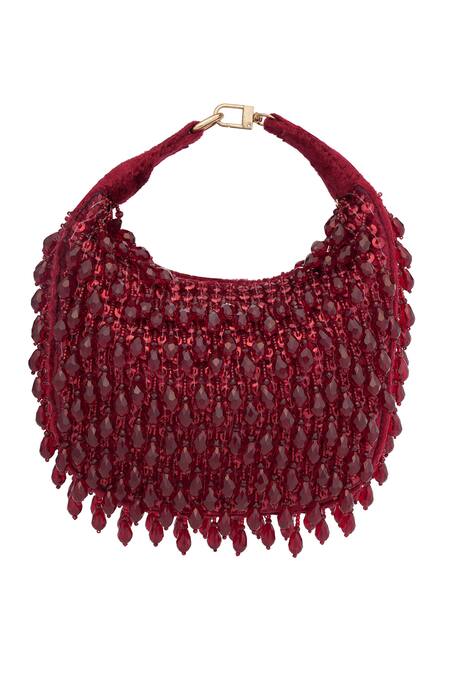 Buy_NR By Nidhi Rathi_Maroon Beads Embellished Pearls Clutch _Online_at_Aza_Fashions