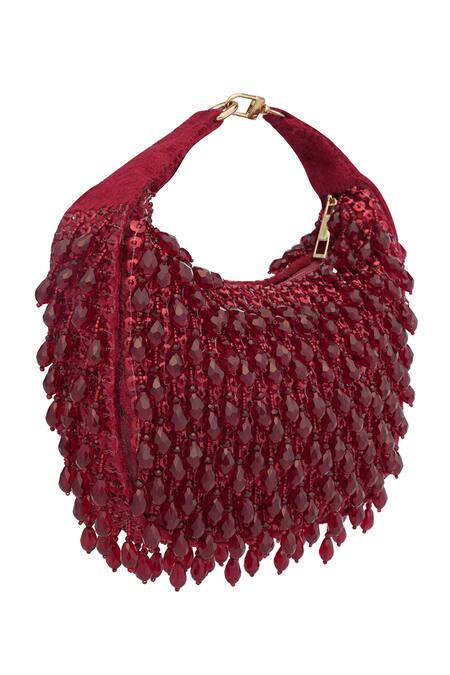 Shop_NR By Nidhi Rathi_Maroon Beads Embellished Pearls Clutch _Online_at_Aza_Fashions