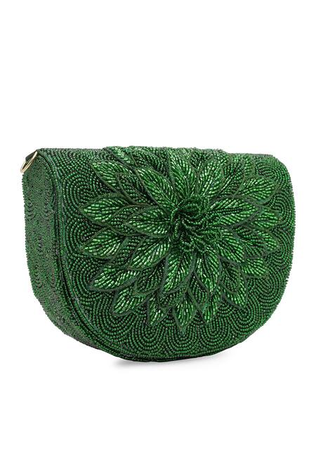 Buy_NR By Nidhi Rathi_Green Beads, Embroidery Foldover Clutch_Online_at_Aza_Fashions