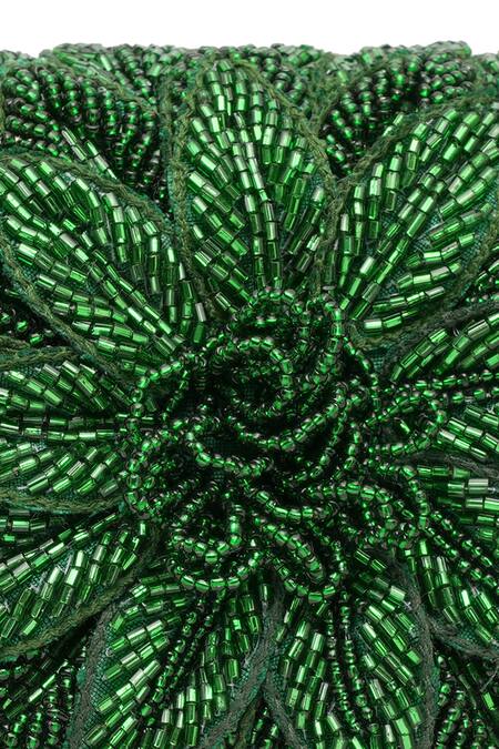 Shop_NR By Nidhi Rathi_Green Beads, Embroidery Foldover Clutch_Online_at_Aza_Fashions