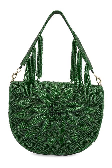 NR By Nidhi Rathi_Green Beads, Embroidery Foldover Clutch_at_Aza_Fashions