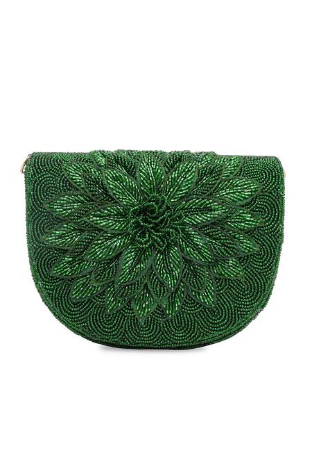 Buy_NR By Nidhi Rathi_Green Beads, Embroidery Foldover Clutch