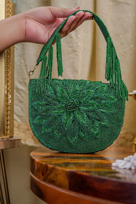 NR By Nidhi Rathi Green Embroidered Foldover Clutch 