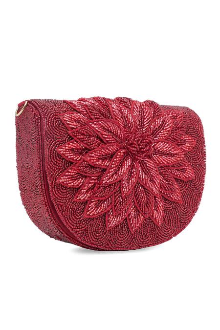 Shop_NR By Nidhi Rathi_Maroon Beads, Embroidery Foldover Clutch _Online_at_Aza_Fashions
