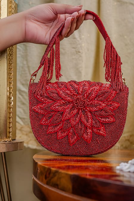 NR By Nidhi Rathi Maroon Embroidered Foldover Clutch 