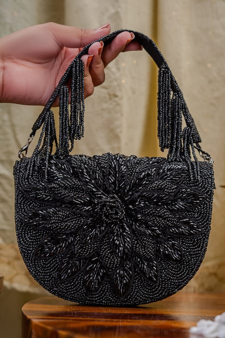 NR By Nidhi Rathi Black Embroidered Foldover Clutch 