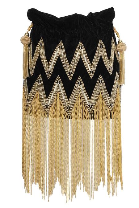 Shop_NR By Nidhi Rathi_Black Embroidery, Tassels And Gold Potli _Online_at_Aza_Fashions