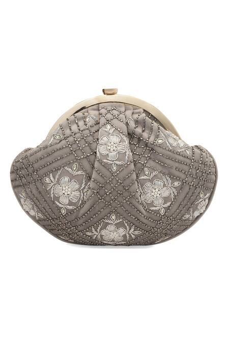 NR By Nidhi Rathi_Gray Embroidery, Beads Grey And Gold Half Moon Clutch_Online_at_Aza_Fashions