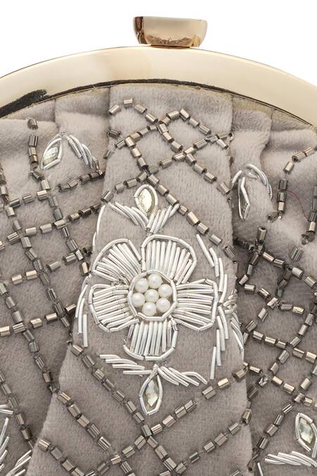 Shop_NR By Nidhi Rathi_Gray Embroidery, Beads Grey And Gold Half Moon Clutch_Online_at_Aza_Fashions